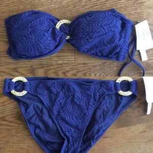 NWT Trina Turk Navy Crochet Bandeau Bikini 10/12